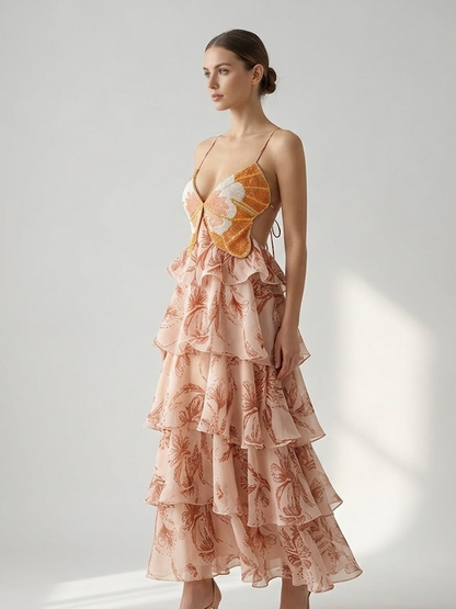 Vacation Dresses Maxi Backless Ruffles Sleeveless V-Neck Chic Orange Red Dresses
