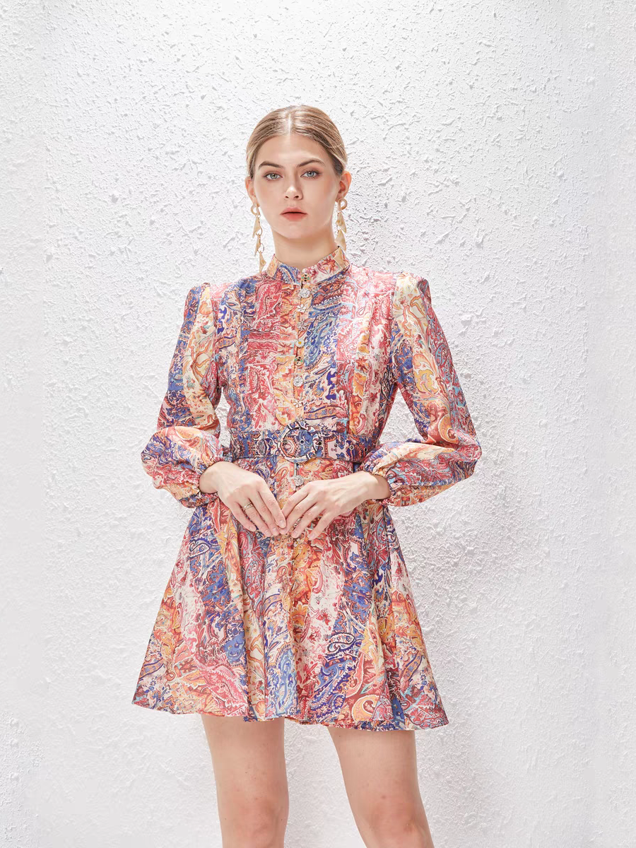 Printed Long Sleeves Short Dress