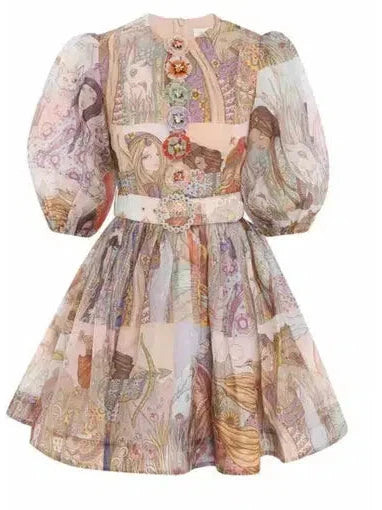 Abstract Vintage flower patch Dress with Belt