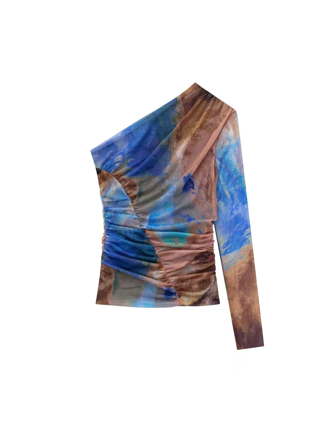 Tropical Print One Shoulder Ruched Mesh Top & Skirt Coord Set