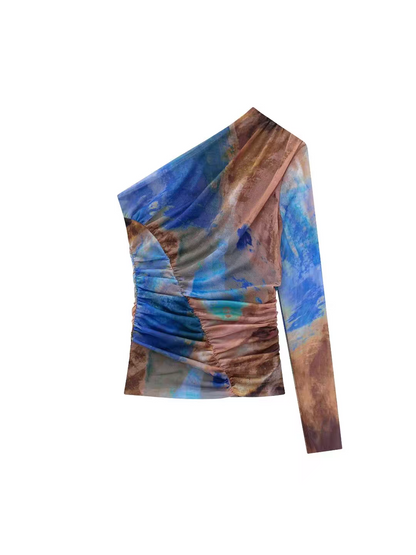 Tropical Print One Shoulder Ruched Mesh Top & Skirt Coord Set