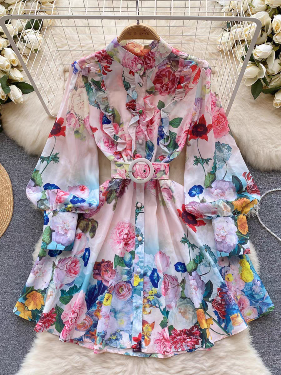 Floral Lantern Sleeves Print Belt Short Dress