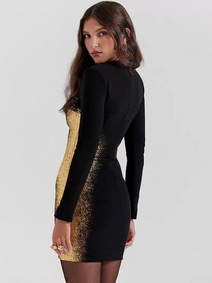 Black and Gold Full Sleeve Bodycon Short Dress