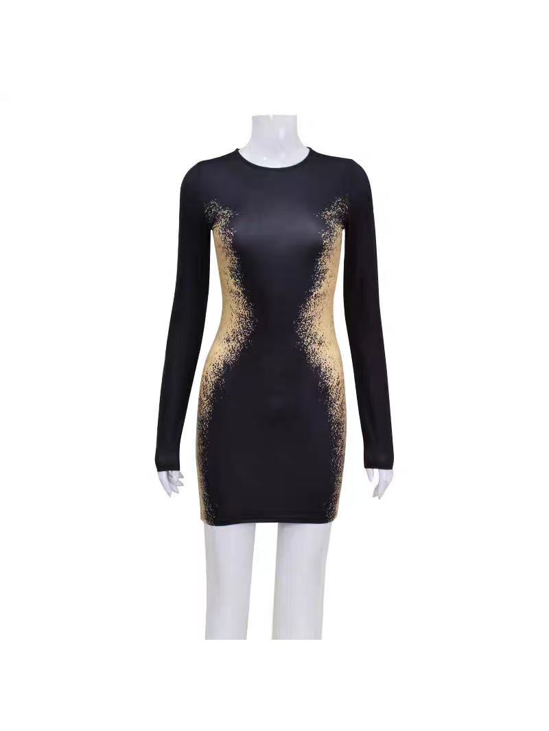 Black and Gold Full Sleeve Bodycon Short Dress