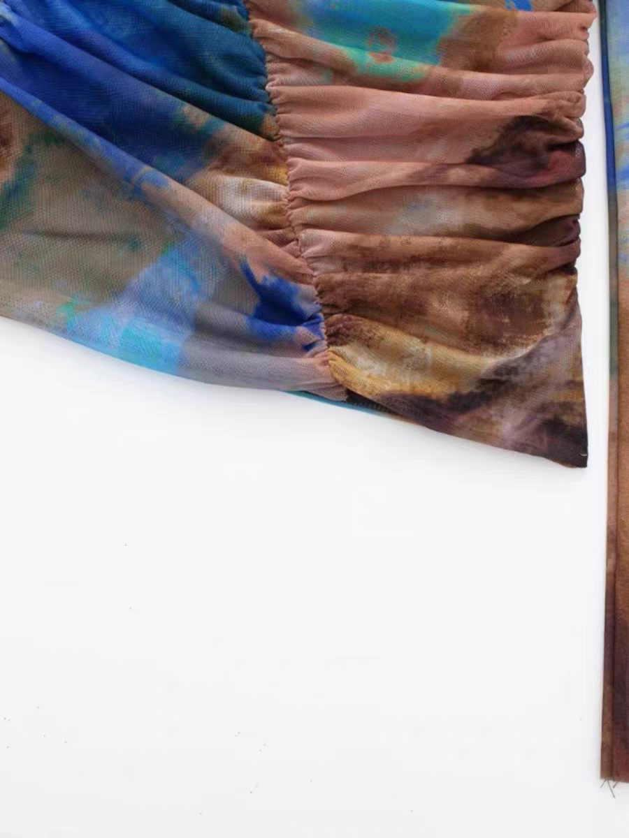 Tropical Print One Shoulder Ruched Mesh Top & Skirt Coord Set