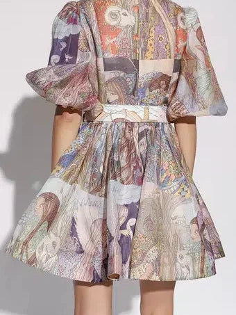 Abstract Vintage flower patch Dress with Belt