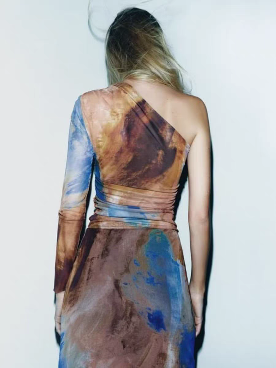 Tropical Print One Shoulder Ruched Mesh Top & Skirt Coord Set