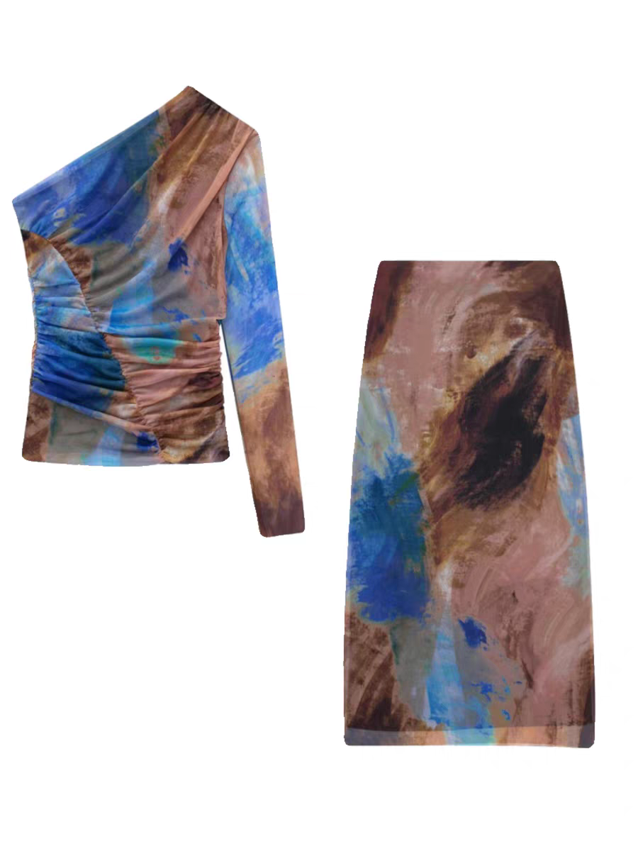 Tropical Print One Shoulder Ruched Mesh Top & Skirt Coord Set