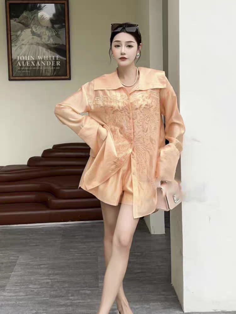 Oversized Fit Embroidered Buttons Shirt & Shorts Coord Set