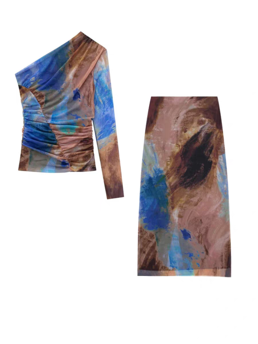 Tropical Print One Shoulder Ruched Mesh Top & Skirt Coord Set