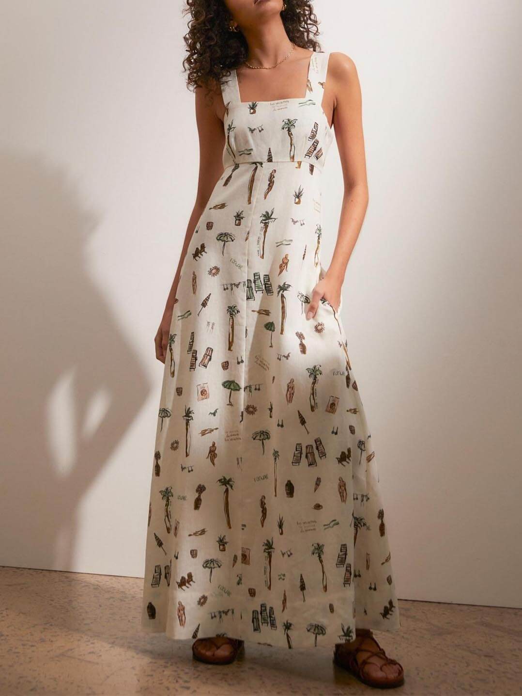 Square Neck Wide Strap Illustrated Resort Graphic Pocket A-Line Maxi Dress