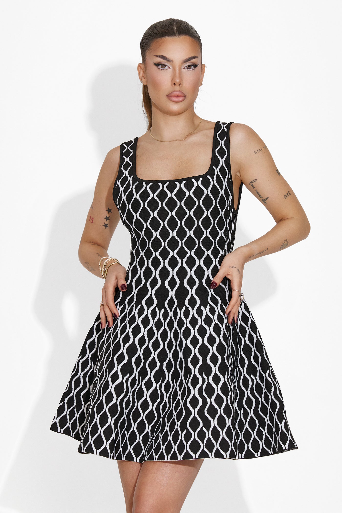 Mona Abstract Print Square Neck Mini Knit Dress