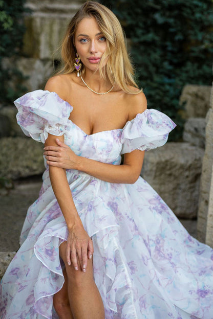 Puff Sleeve Floral Print Organza Tiered Ruffle High Split Maxi Gown