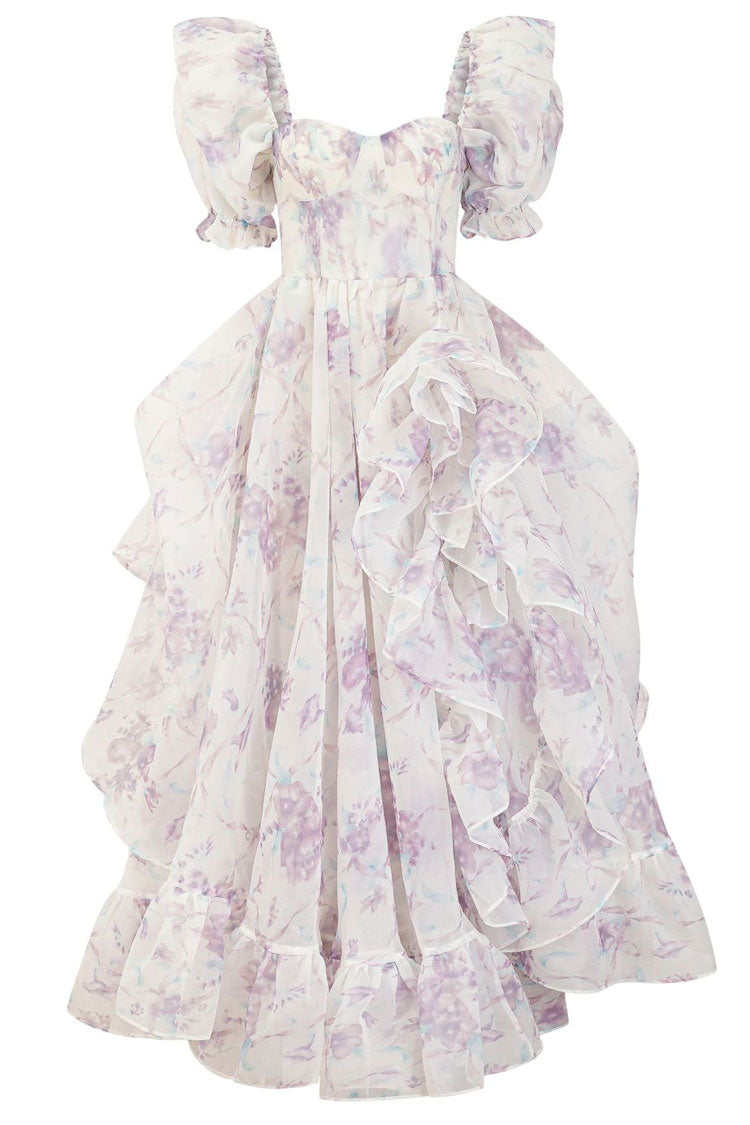 Puff Sleeve Floral Print Organza Tiered Ruffle High Split Maxi Gown