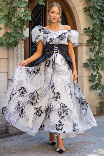 Off-Shoulder Puff Sleeve Floral Organza Lace-Up Corset Belt Peplum Maxi Dress
