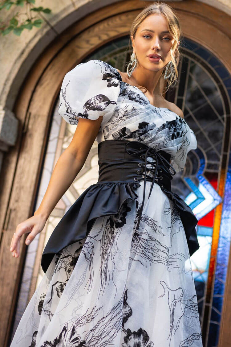 Off-Shoulder Puff Sleeve Floral Organza Lace-Up Corset Belt Peplum Maxi Dress