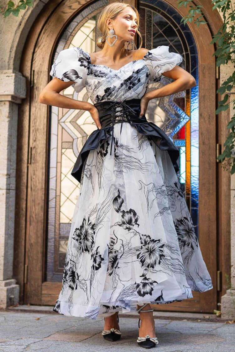 Off-Shoulder Puff Sleeve Floral Organza Lace-Up Corset Belt Peplum Maxi Dress