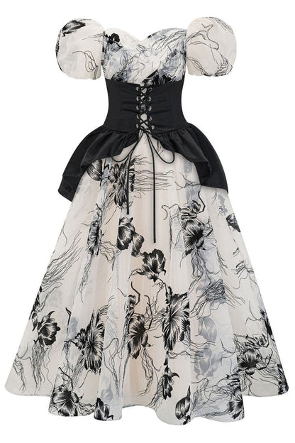 Off-Shoulder Puff Sleeve Floral Organza Lace-Up Corset Belt Peplum Maxi Dress