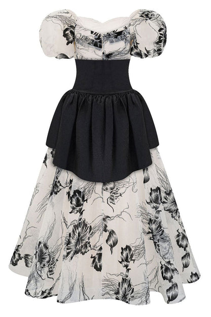 Off-Shoulder Puff Sleeve Floral Organza Lace-Up Corset Belt Peplum Maxi Dress
