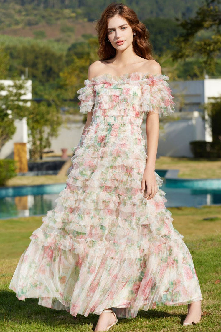 Off Shoulder Tiered Ruffle Floral Print Tulle Maxi Dress