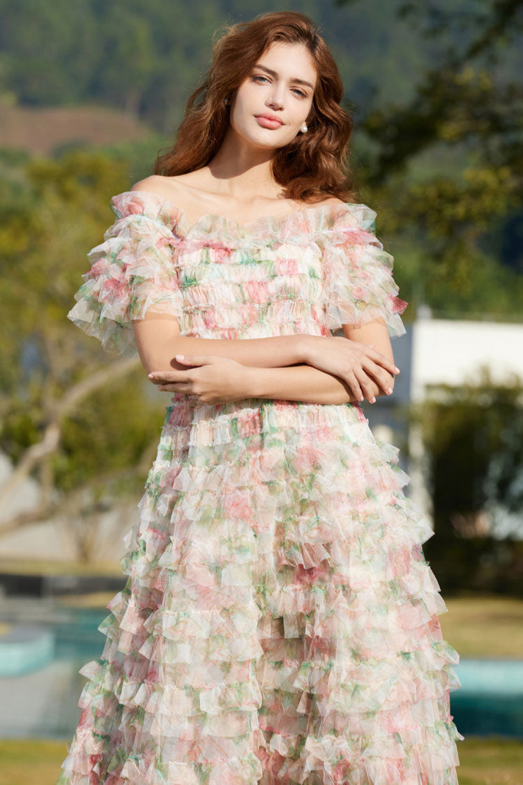 Off Shoulder Tiered Ruffle Floral Print Tulle Maxi Dress