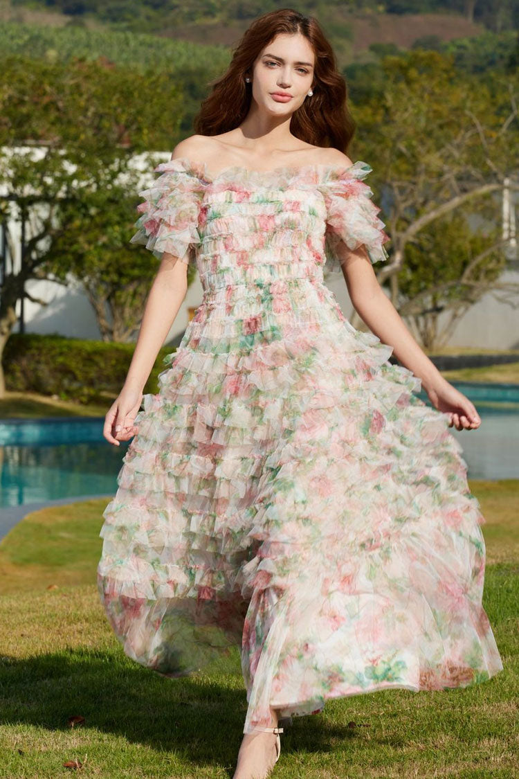 Off Shoulder Tiered Ruffle Floral Print Tulle Maxi Dress