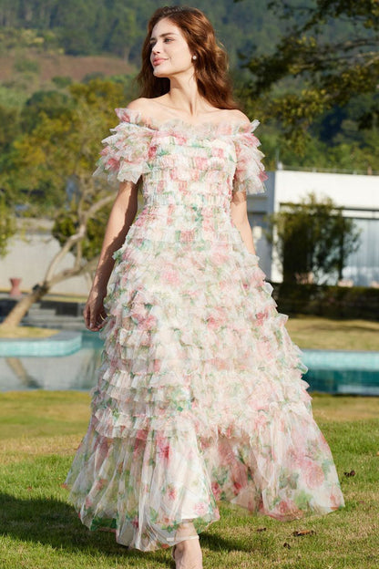 Off Shoulder Tiered Ruffle Floral Print Tulle Maxi Dress