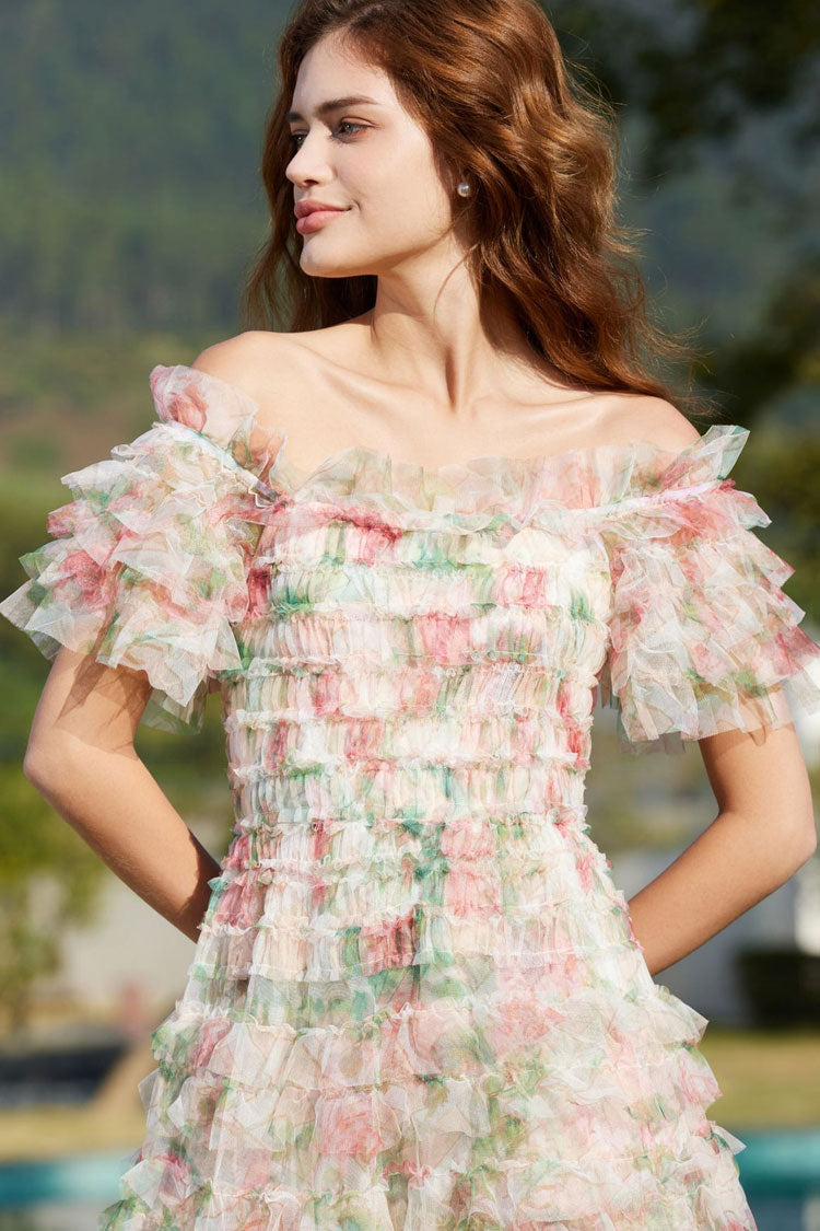 Off Shoulder Tiered Ruffle Floral Print Tulle Maxi Dress