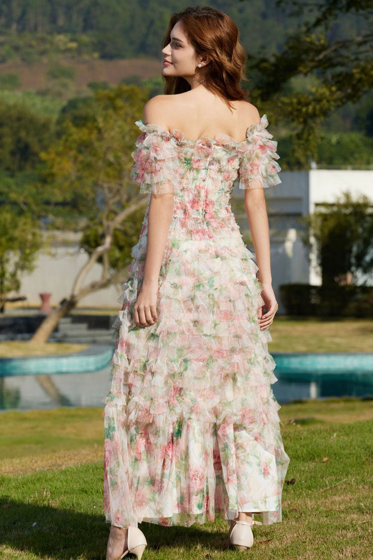 Off Shoulder Tiered Ruffle Floral Print Tulle Maxi Dress