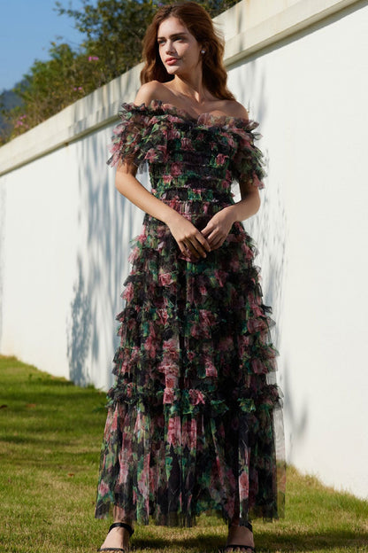 Off Shoulder Floral Print Ruffle Tiered Tulle Maxi Dress