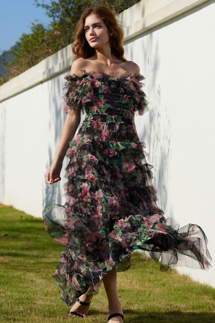 Off Shoulder Floral Print Ruffle Tiered Tulle Maxi Dress