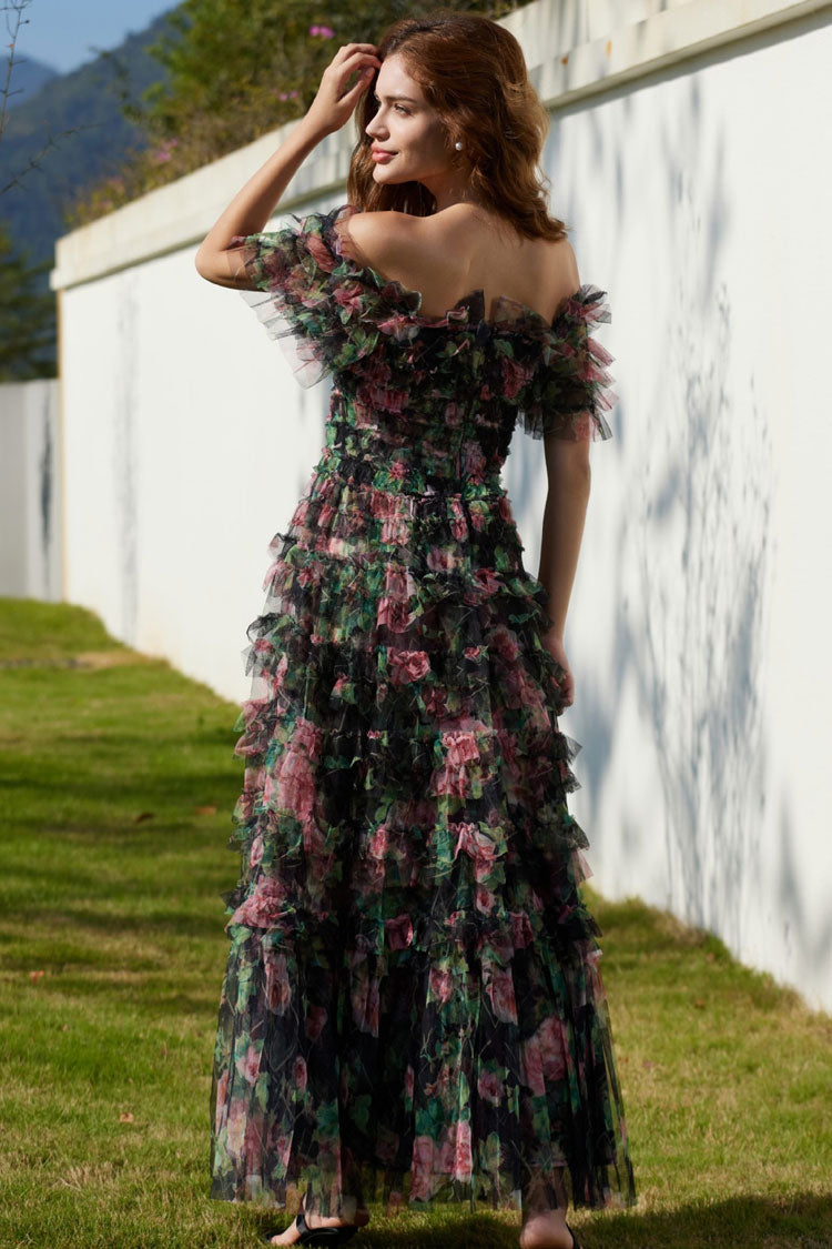 Off Shoulder Floral Print Ruffle Tiered Tulle Maxi Dress