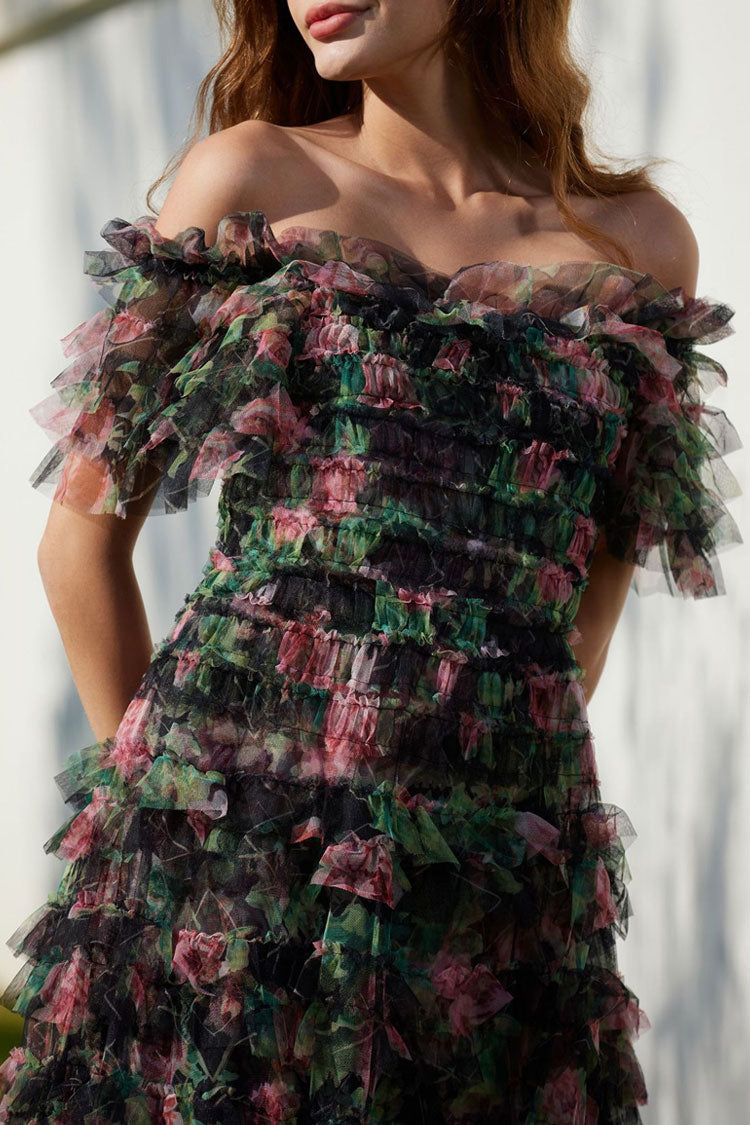 Off Shoulder Floral Print Ruffle Tiered Tulle Maxi Dress