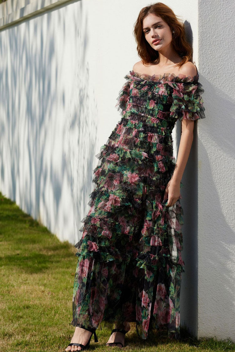 Off Shoulder Floral Print Ruffle Tiered Tulle Maxi Dress