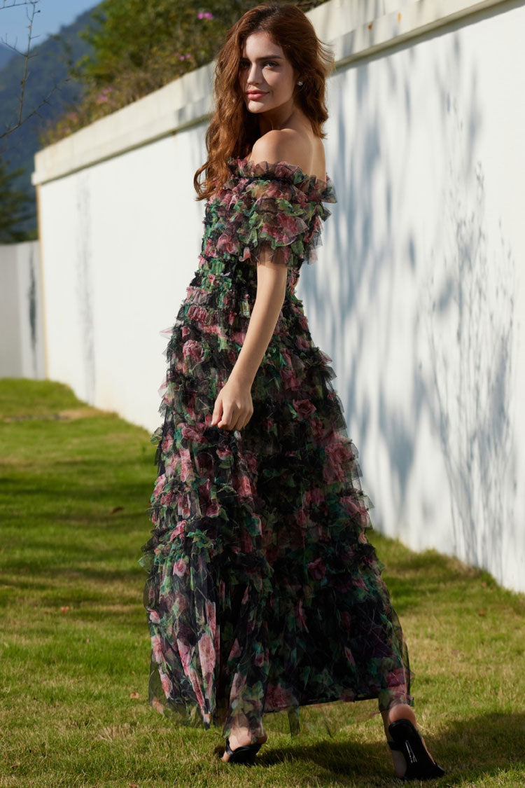Off Shoulder Floral Print Ruffle Tiered Tulle Maxi Dress