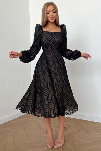 Square Neck Long Puff Sleeve Jacquard Burnout A Line Midi Dress