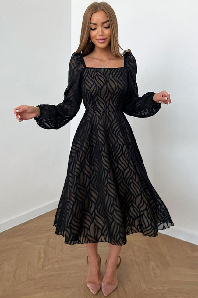 Square Neck Long Puff Sleeve Jacquard Burnout A Line Midi Dress