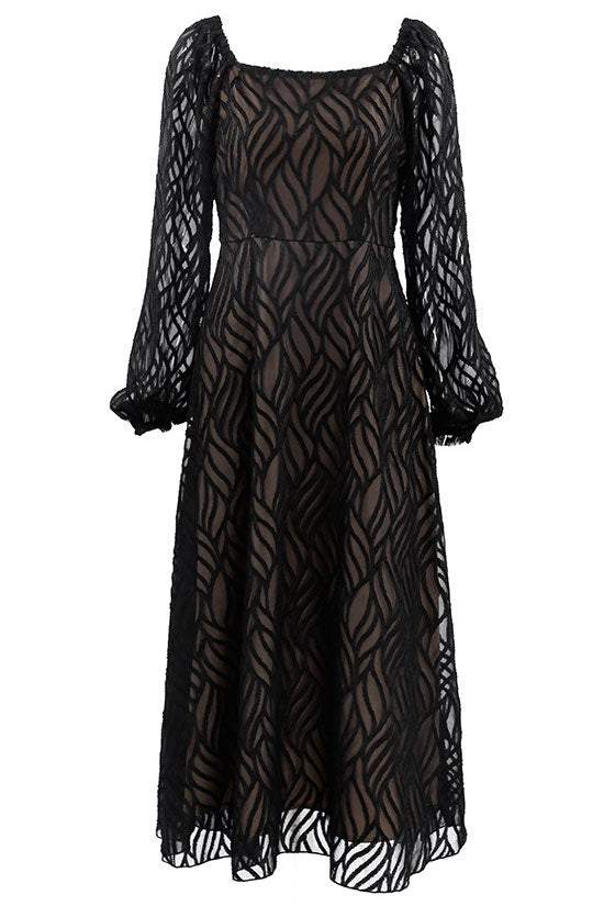 Square Neck Long Puff Sleeve Jacquard Burnout A Line Midi Dress