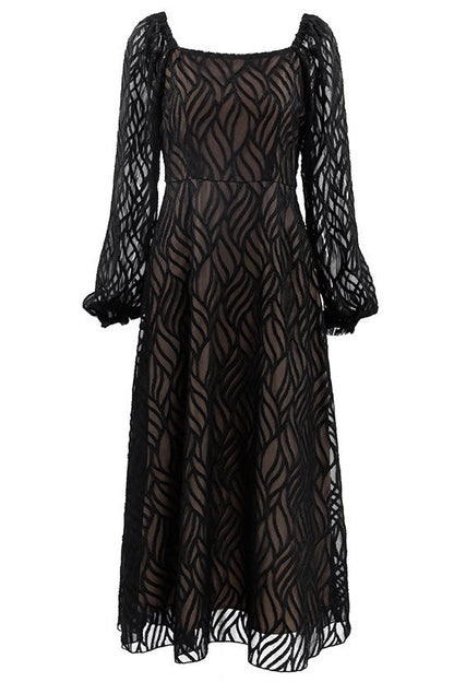 Square Neck Long Puff Sleeve Jacquard Burnout A Line Midi Dress
