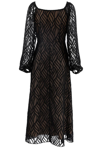 Square Neck Long Puff Sleeve Jacquard Burnout A Line Midi Dress