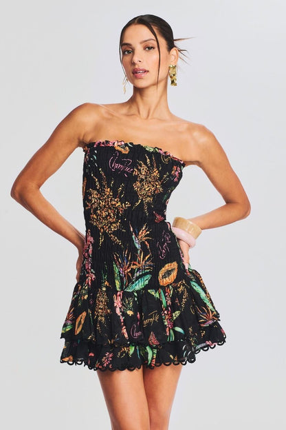 Tropical Print Strapless Smocked Tiered Scalloped Ruffle Mini Dress