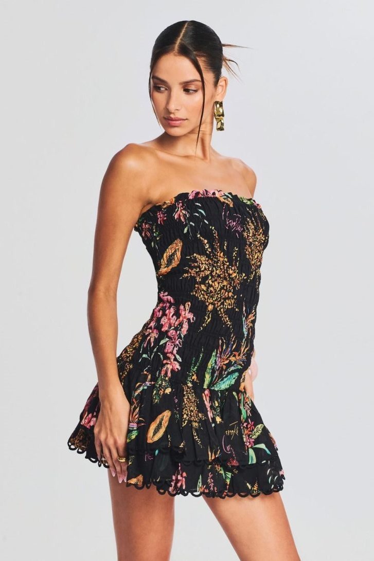 Tropical Print Strapless Smocked Tiered Scalloped Ruffle Mini Dress