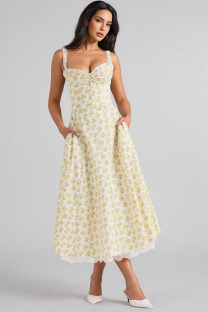 Emork White Vintage Floral Print Cotton Midi Dress
