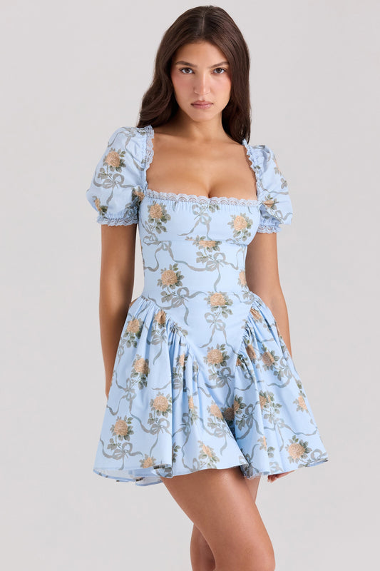 Blue – Fresh & Sweet Puff Sleeve Waist-Cinching Dress