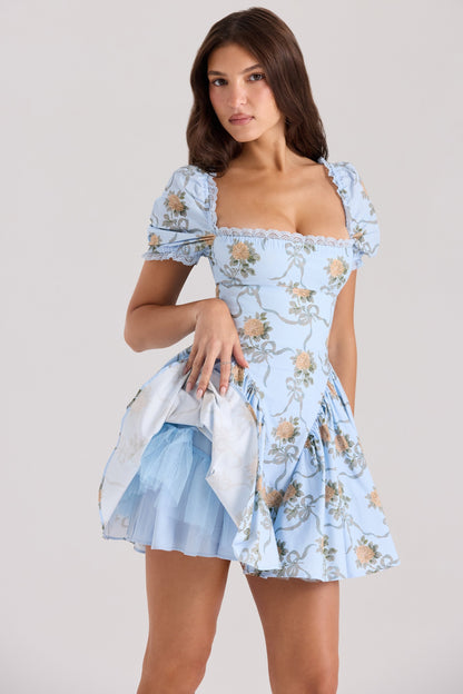 Blue – Fresh & Sweet Puff Sleeve Waist-Cinching Dress