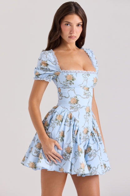Blue – Fresh & Sweet Puff Sleeve Waist-Cinching Dress