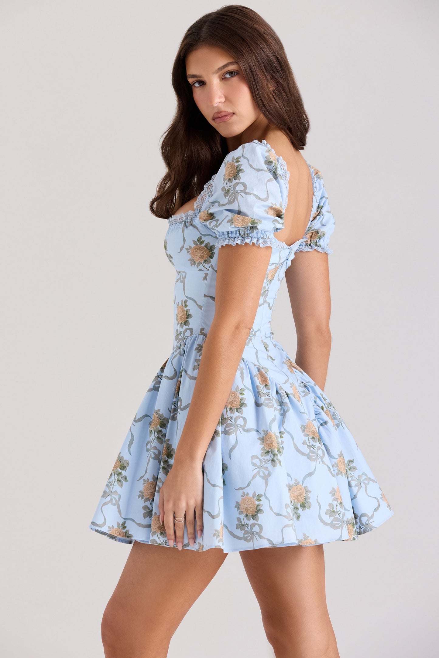 Blue – Fresh & Sweet Puff Sleeve Waist-Cinching Dress