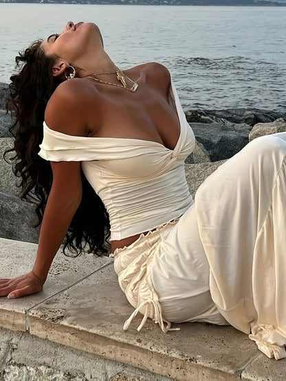 Ruffle Deep Neck Crop Top & Skirt Coord Set