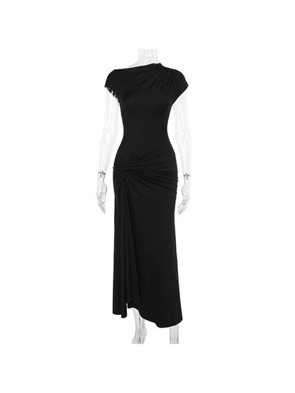 Short Sleevees Ruched High Slit Maxi Dress