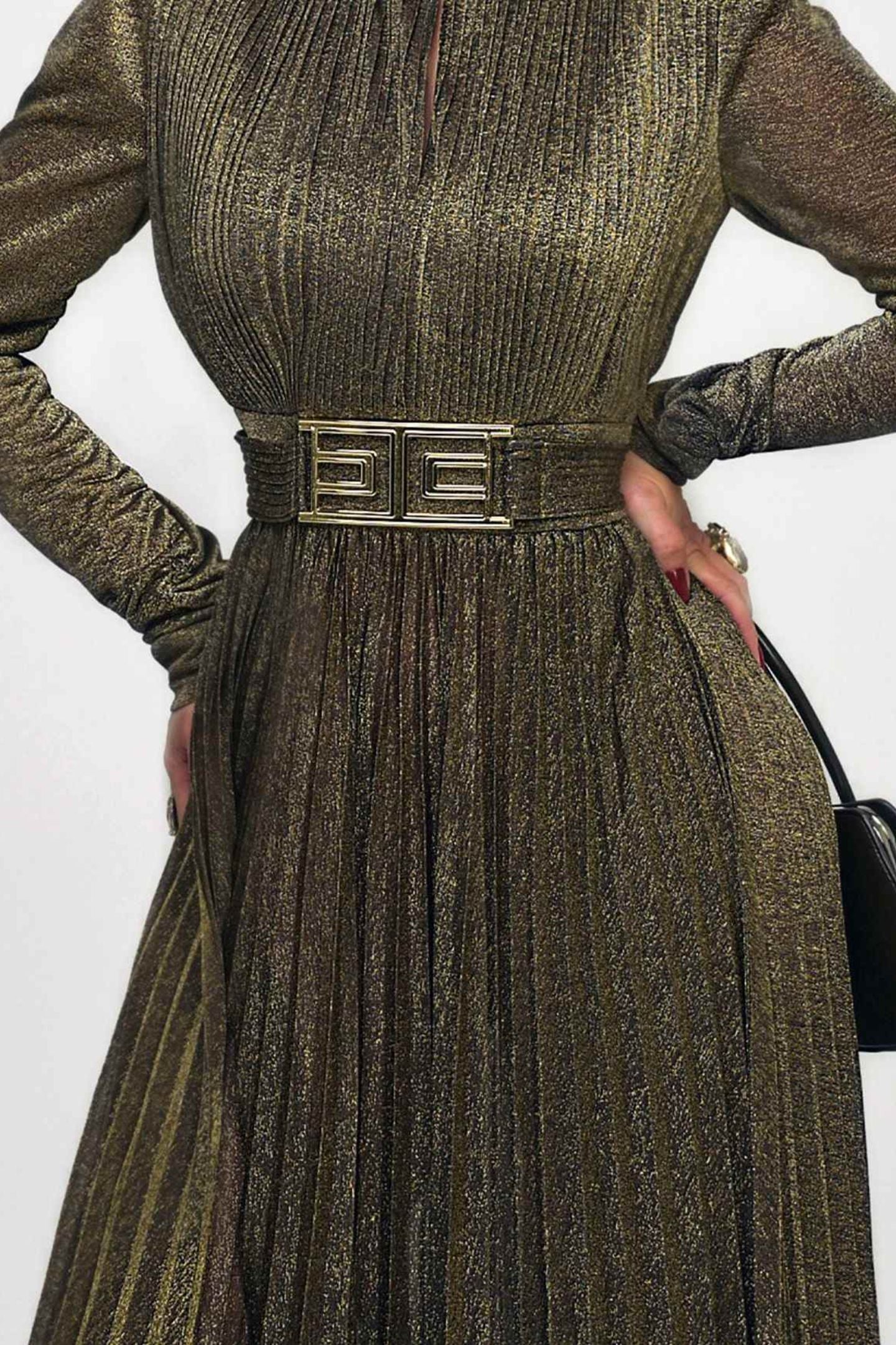 Elsie Metallic Pleated Belted Maxi Dress